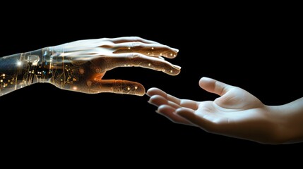 Human hand reaching for robotic hand. People and artificial intelligence technology concept.