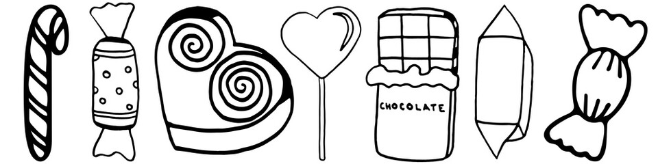 Hand Drawn Illustration of Sweets Set. Chocolate Candies and Lollipops. Black and White Doodle Sketch Collection.