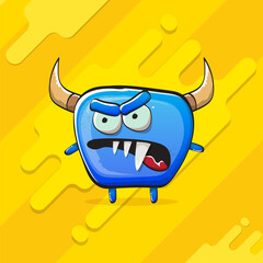 Vector cartoon funky blue monster with horn isolated on yellow background. Smiling silly blue monster print sticker design template. Ghost, troll, gremlin, goblin, devil and monster