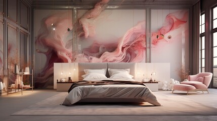 Design an artistic luxury bedroom with gallery-style walls and a 3D background view of an ever-changing art installation, celebrating creativity and expression.