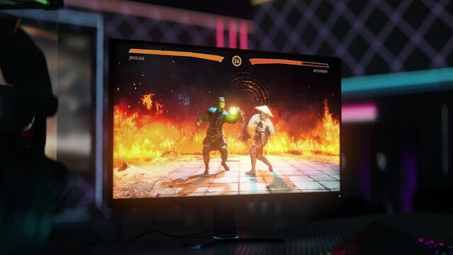 Colourful graphics of the modern digital entertainment computer game. Digital game displays the graphic vicious fight between warriors. Digital martial arts video game with 3d graphics.