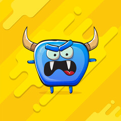Naklejka premium Vector cartoon funky blue monster with horn isolated on yellow background. Smiling silly blue monster print sticker design template. Ghost, troll, gremlin, goblin, devil and monster