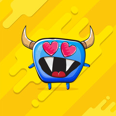 Vector cartoon funky blue monster with horn isolated on yellow background. Smiling silly blue monster print sticker design template. Ghost, troll, gremlin, goblin, devil and monster