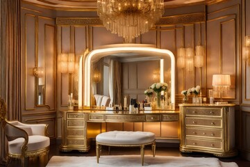 luxury room with dressing table,A luxurious dressing table in an opulent makeup room, adorned with a gleaming mirror surrounded by Hollywood-style bulbs