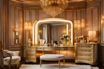 Deurstickers luxury room with dressing table,A luxurious dressing table in an opulent makeup room, adorned with a gleaming mirror surrounded by Hollywood-style bulbs © SANA