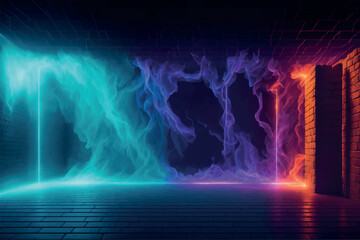 Neon background with colorful smoke in the room - obrazy, fototapety, plakaty