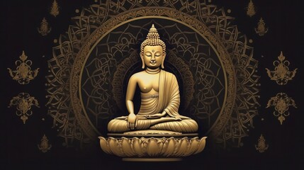 Buddha golden, Brass statue on a black background. Meditation and zen concept. Banner. Copy space
