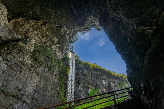 A towering elevator at Wulong Krast National Geology Park, Chongqing, China.