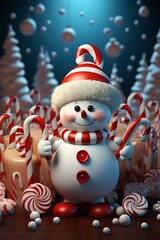 Cute snowman carrying candy cane