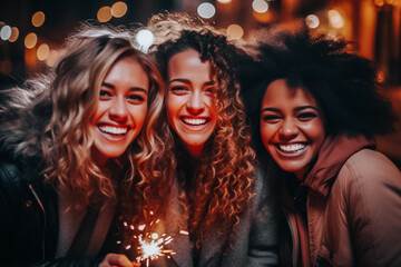 Happy friends three women having fun, spending time together, laughing, celebrating Christmas. Friendship, travel and winter holiday concept. - obrazy, fototapety, plakaty