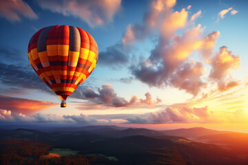 Golden Hour Ascent: Hot Air Balloon Soars Against the Sunset Sky, a Captivating Display of Tranquil Adventure