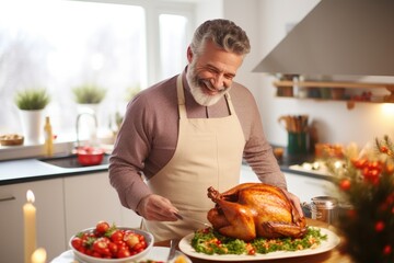 Cooking a delicious Thanksgiving turkey, surrounded by festive decorations and seasonal vegetables, in preparation for a holiday feast.