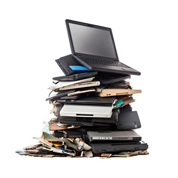 Pile of electronic waste such as mobile phones, notebook computers and car batteries that can be used for recycling on a transparent background PNG. Recycling waste concept.