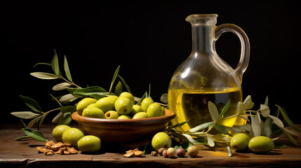 Green olives and olive oil on a table in a beautiful setting