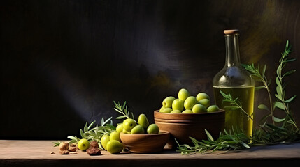 Green olives and olive oil on a table in a beautiful setting