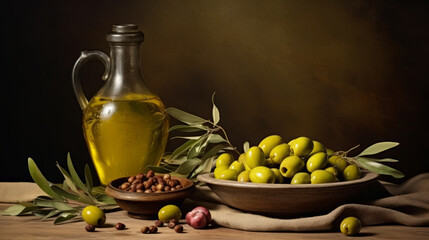 Green olives and olive oil on a table in a beautiful setting