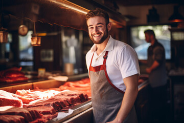 Naklejka premium Happy young butcher man standing next to the meat counter