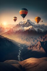 view of multiple mountain ranges in the Himalayas from a hot air balloon with other hot air balloons in site sunset award winning photography stunning realism HD realistic photographic high altitude 