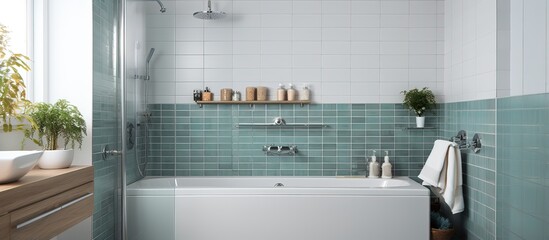 Bathroom with tiled shower stall bathtub window and dual showerheads - obrazy, fototapety, plakaty