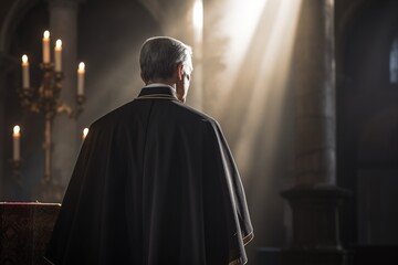 Rear view of priest looking at church interior. Religion concept.