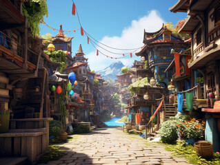 Cartoon fairy tale town with wooden houses, fairytale illustration. A gaming environment. 