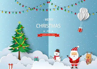 Merry Christmas and Happy new year greeting card,winter landscape with cute cartoon Santa Claus and friends celebrate party on winter night