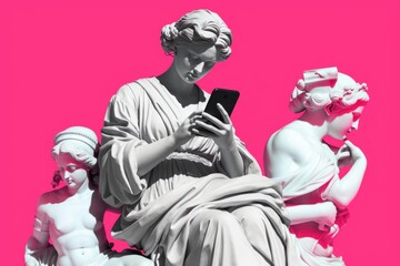 Ancient Greek white statue suing smartphone - obrazy, fototapety, plakaty