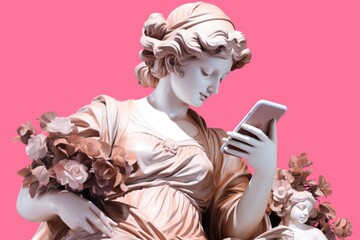 Ancient Greek white statue suing smartphone - obrazy, fototapety, plakaty