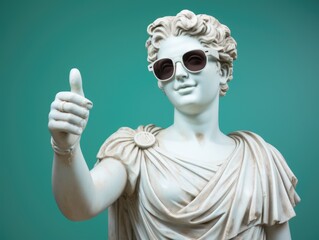 Ancient Greek white statue of a smiling woman wearing sunglasses thumb up