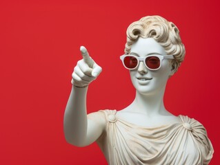 Ancient Greek white statue of a smiling woman wearing sunglasses