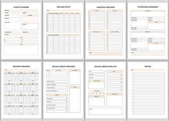 Minimalist planner pages templates.video planner,online stats,hashtag tracker,compaign manager,income tracker,social media tracker,Social Media Analyst,to do - list,
notes,  Printable Planner Page .