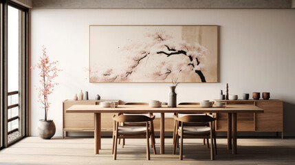conceptual dining area with a long wooden table, Scandinavian style chairs, a large painting on the wall.