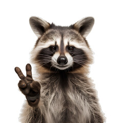Funny raccoon character raising peace hand on transparent background PNG