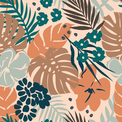 Jungle print seamless pattern with hand drawn aloha floral and leaves