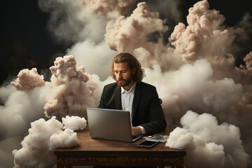 Explore the imaginative world of business with a photo capturing a man in a suit working on a laptop on a cloud. Ai generetad
