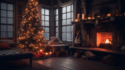 Obraz na płótnie Canvas a lit up Christmas tree in a cozy home at night with the fireplace active,in the style of 32k uhd,sharp image, generative ai