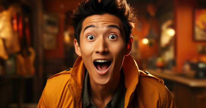 Asian handsome man exited surprise face expression