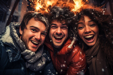 Happy friends having fun, spending time together, laughing, celebrating Christmas. Friendship, travel and winter holiday concept. - obrazy, fototapety, plakaty