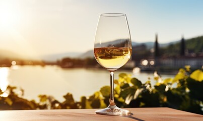 Photo of a glass of white wine on a wooden table - obrazy, fototapety, plakaty
