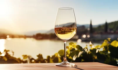Fotobehang Photo of a glass of white wine on a wooden table © uhdenis