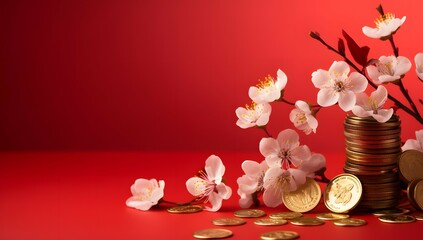cherry blossom with golden coins and golden nuggets on a red background
