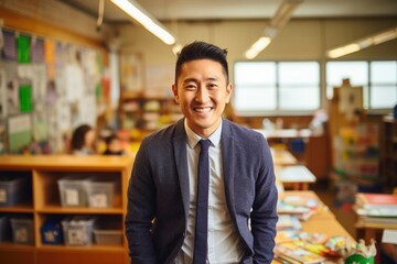 Portrait of a smiling young teacher in a classroom - obrazy, fototapety, plakaty