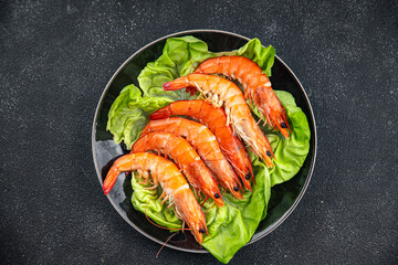 shrimp Gambas prawn fresh seafood crustacean meal food snack on the table copy space food background rustic top view