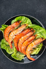 shrimp Gambas prawn fresh seafood crustacean meal food snack on the table copy space food background rustic top view