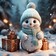 Cute snowman carrying gift box