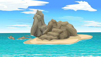 Fototapeta premium Small rock island in the ocean flat illustration, coral island view vector