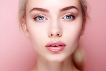Fototapeta premium Beautiful woman with pastel pink lips, close-up, white skin, on pink background