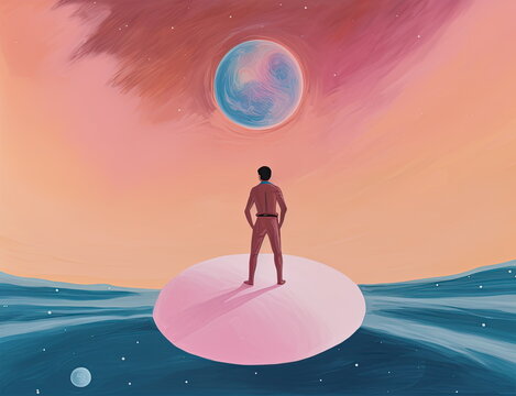 Diving in one's thoughts, meditation. A lonely person pondering on, dreaming. Illustration of emotions, feelings of a solitary human. Solitude. Wandering in space, astro traveler. Peach fuzz