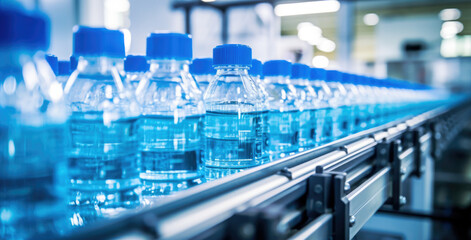 Bottled water production process in a modern facility with robotic assembly lines and vibrant blue caps during daylight hours