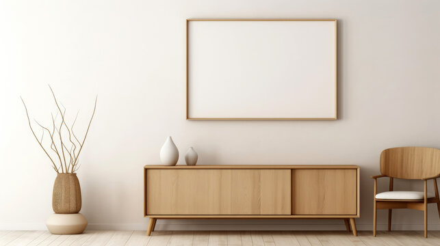 modern living room, Blank photo frame over nightstand in room, light beige and style, minimalist design